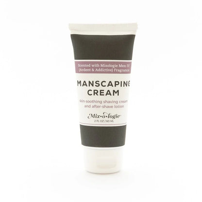 A sleek black and white tube of mixologie manscaping cream shave lotion with minimalist label and elegant typography