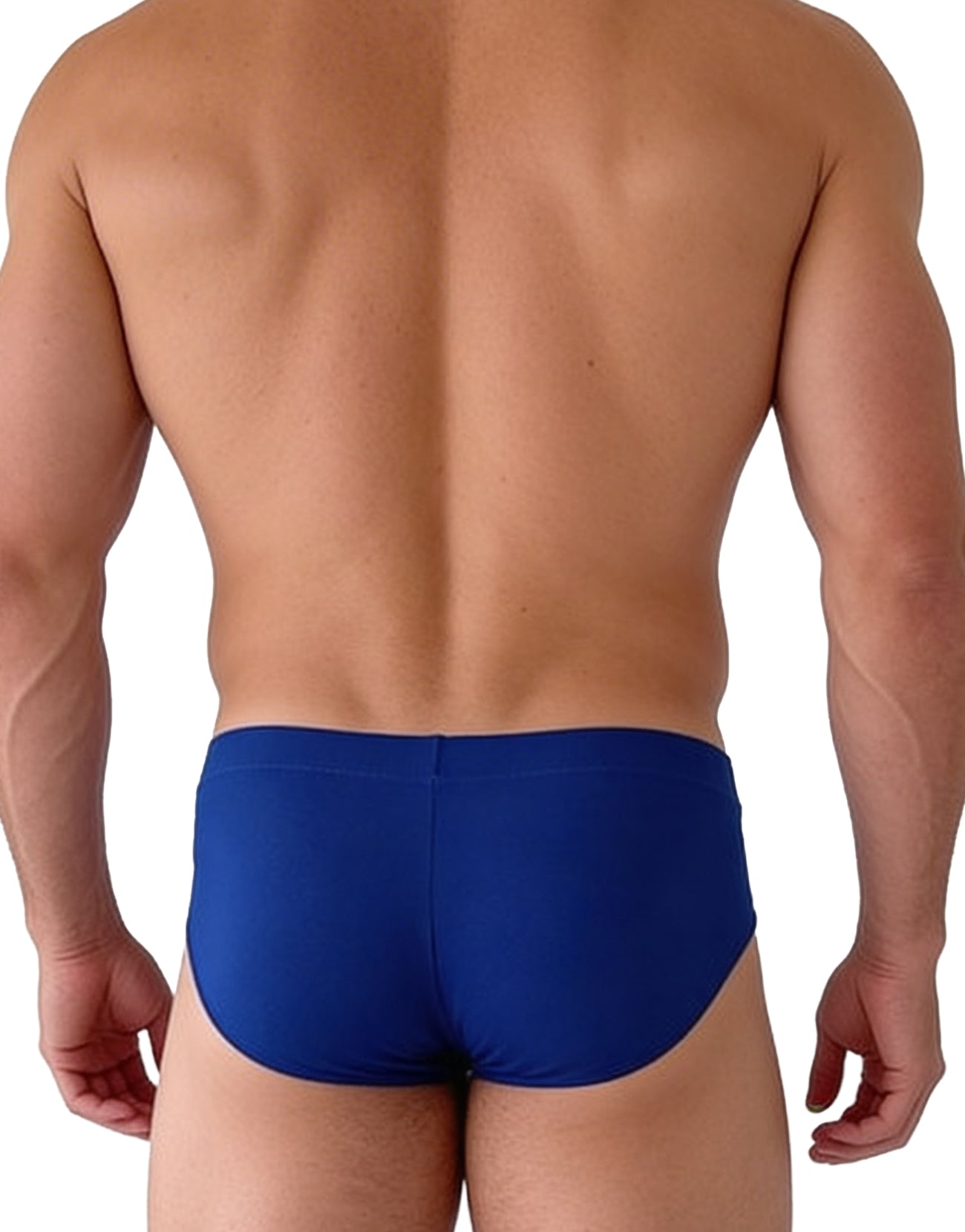 Back view of a muscular man wearing solid royal blue Big Boy Pouch modal brief underwear.