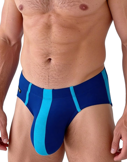 Big Boy modal pouch briefs in royal blue with baby blue vertical stripe accents, worn by a man.