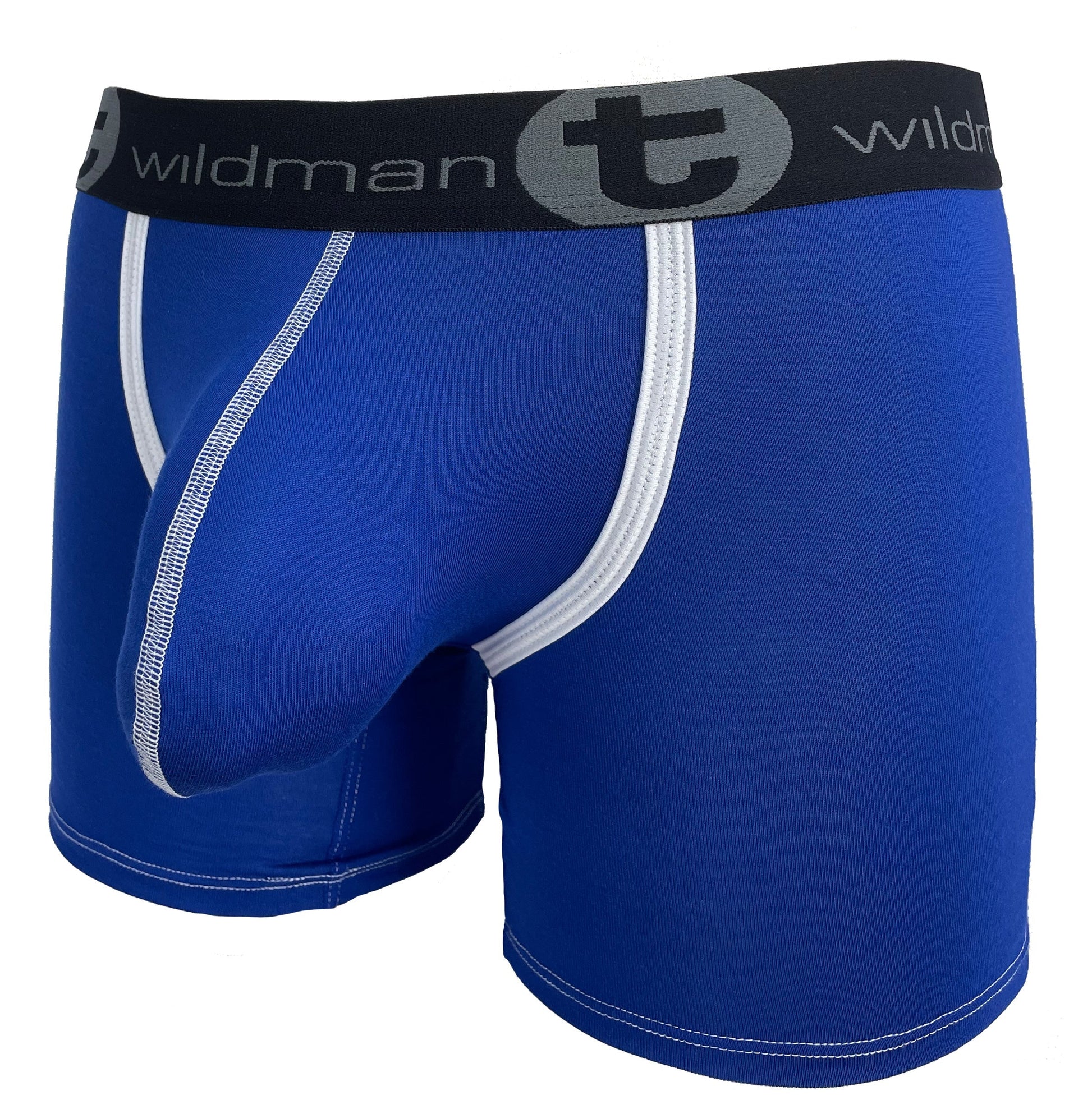 Royal blue boxer briefs with a prominent front pouch, white trim, and a black waistband with the WildmanT logo.