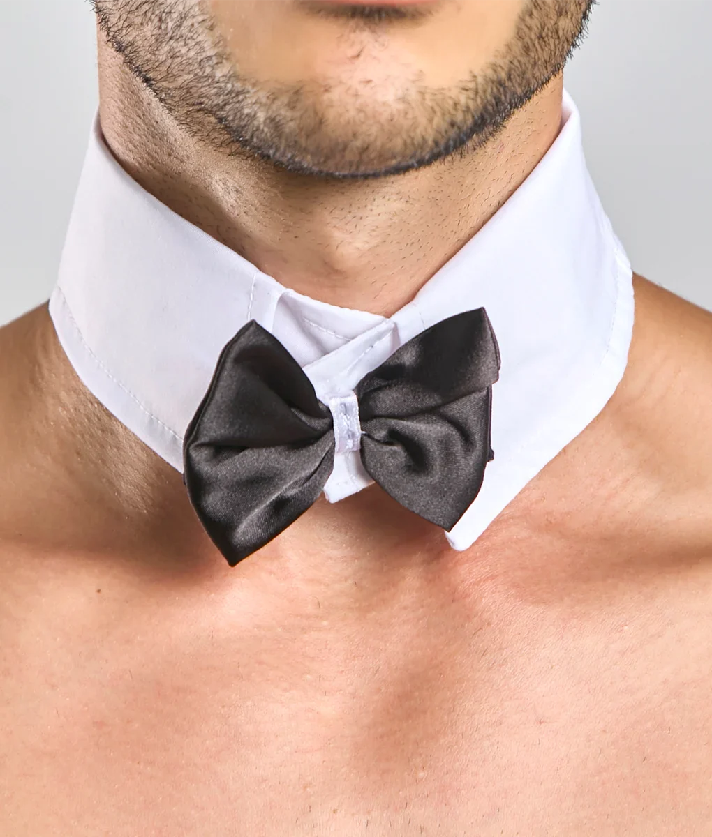 Black satin bow tie with a white dress shirt collar from the MOB bow tie and French cuffs set