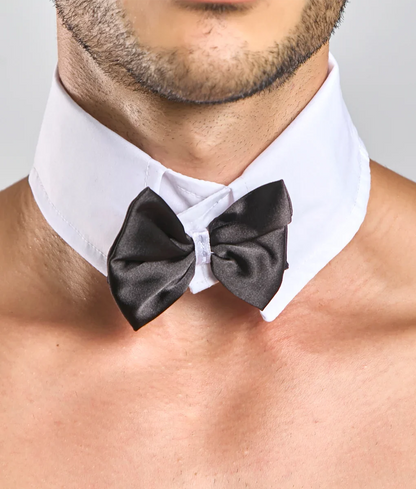 Black satin bow tie with a white dress shirt collar from the MOB bow tie and French cuffs set