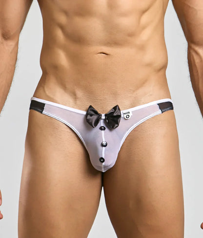 Gray sheer tuxedo-style thong with black bow and button details for mob buttler costume back view