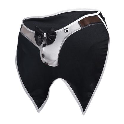 Black and white tuxedo-style men’s underwear with satin bow tie, three black buttons, and brown leather trim for MOB Buttler Costume