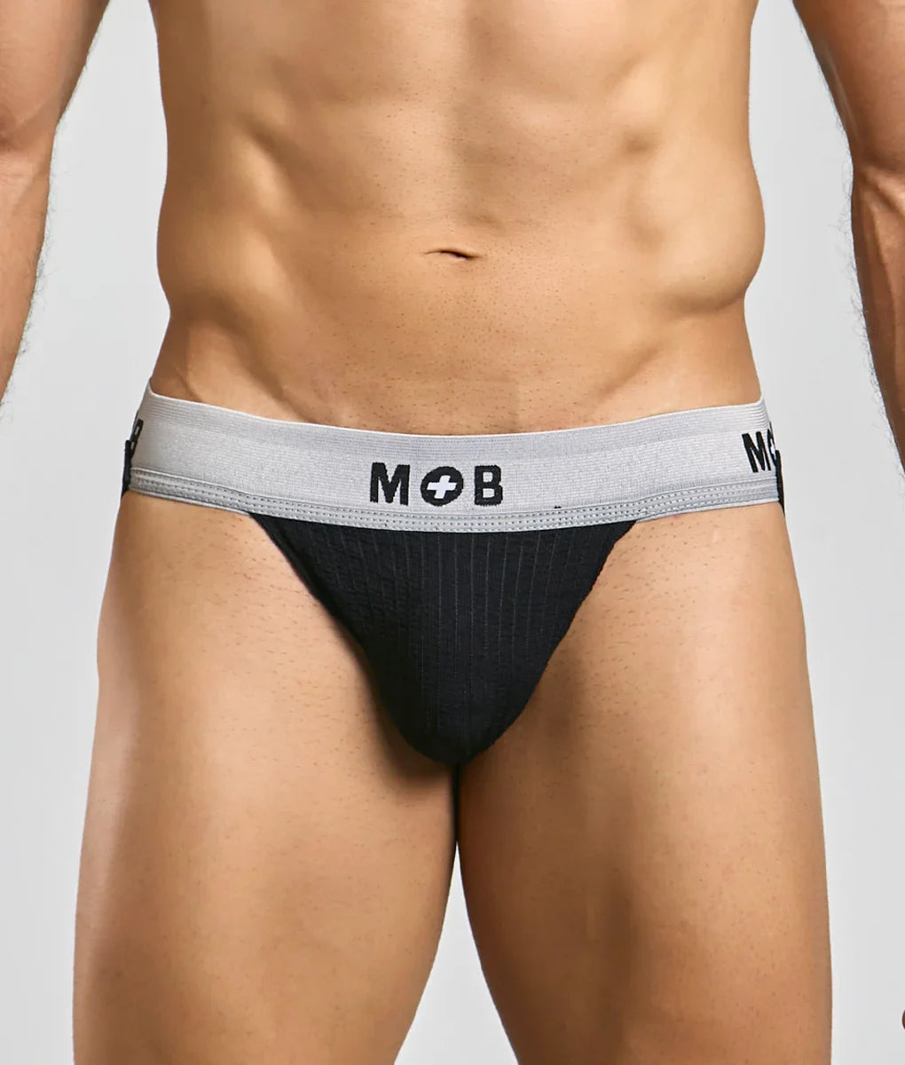 Black pinstriped mob classic jock briefs with gray waistband featuring mob logo and 3 inch leg length
