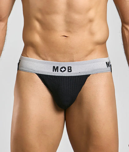 Black pinstriped mob classic jock briefs with gray waistband featuring mob logo and 3 inch leg length