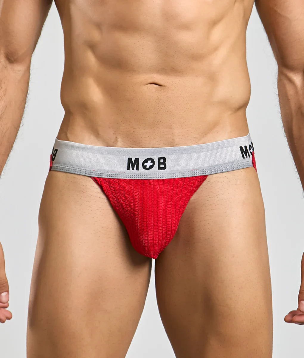 Red textured mob classic jock briefs with gray waistband and mob logo featuring 3 inch inseam