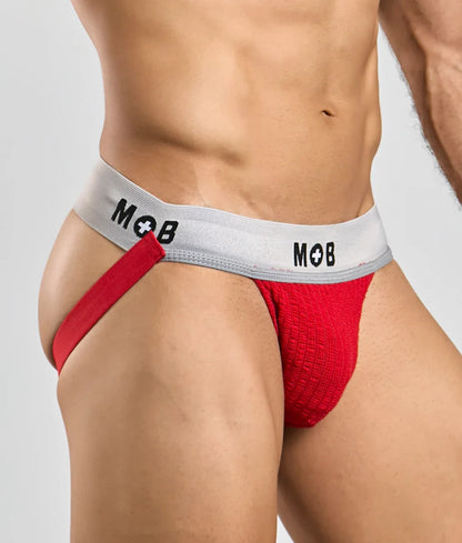 Red textured briefs with gray waistband featuring mob logo in black from mob classic jock 3 inches collection