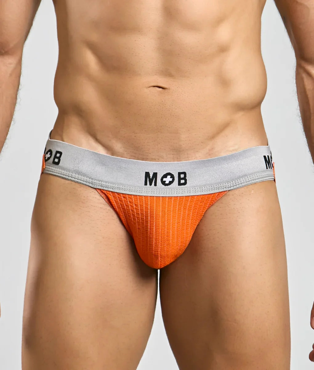 Orange textured briefs with a gray mob logo waistband from mob classic jock 3 inches collection