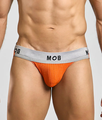 Orange textured briefs with a gray mob logo waistband from mob classic jock 3 inches collection