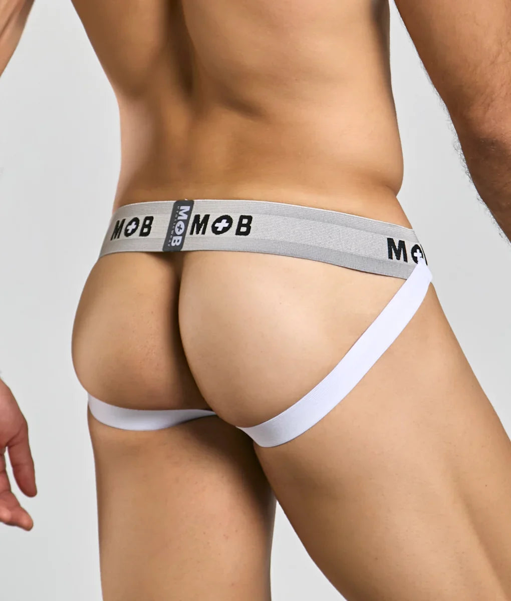 Gray and white mob classic jock 3 inches briefs with textured waistband and mob logo in black lettering