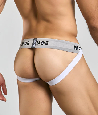 Gray and white mob classic jock 3 inches briefs with textured waistband and mob logo in black lettering