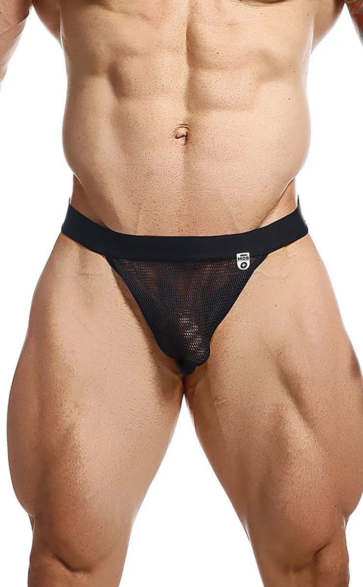 Black mesh briefs with a solid black waistband from mob fisherman jock final sale front view