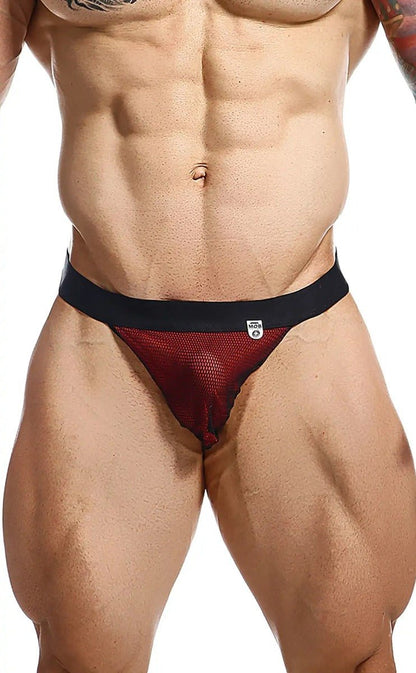 Red mesh briefs with black waistband in mob fisherman jock final sale featuring breathable mesh material