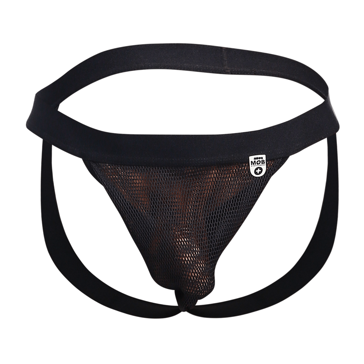 Black mesh briefs with solid black waistband and leg straps featuring a small white mob brand tag side view