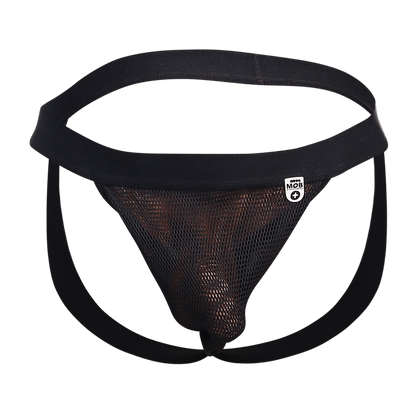 Black mesh briefs with solid black waistband and leg straps featuring a small white mob brand tag side view