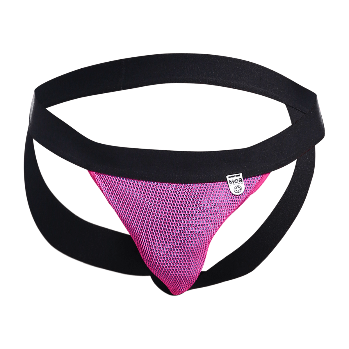 Pink mesh athletic brief with black elastic waistband and side straps from mob fisherman jock final sale product