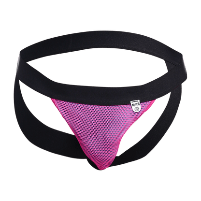 Pink mesh athletic brief with black elastic waistband and side straps from mob fisherman jock final sale product