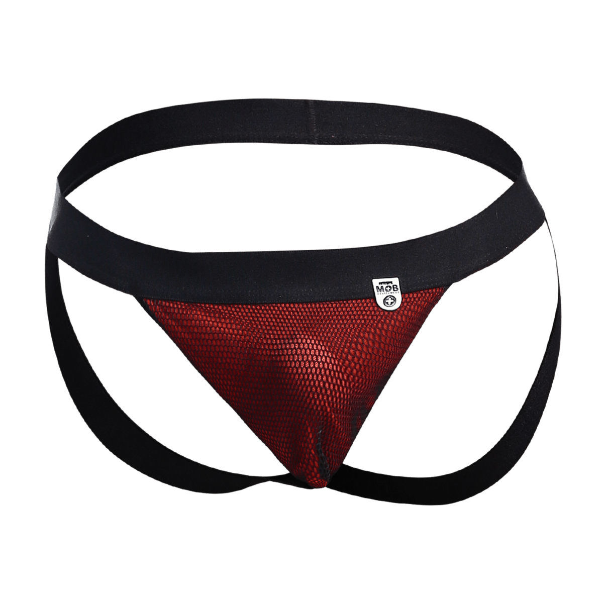 Black and red mesh athletic brief with black waistband featuring mob logo from mob fisherman jock final sale