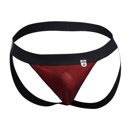 Black and red mesh athletic brief with black waistband featuring mob logo from mob fisherman jock final sale