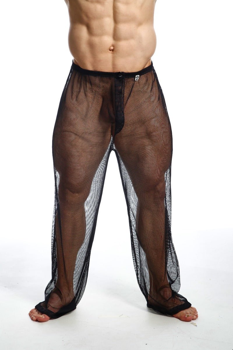 Black mesh men’s swim trunks with solid black waistband and reinforced cuffs from mob fishnet pants final sale