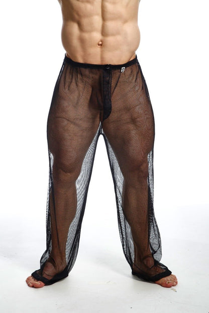 Black mesh men’s swim trunks with solid black waistband and reinforced cuffs from mob fishnet pants final sale