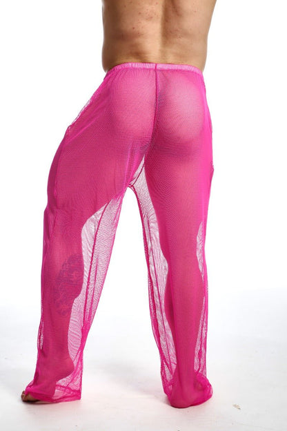 Bright pink sheer mesh fishnet pants with flowing translucent design from MOB final sale collection