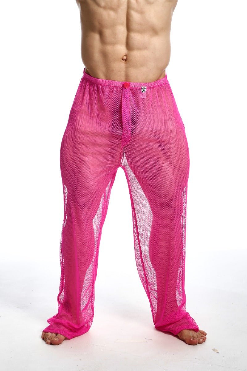Bright pink mob fishnet pants with snug elastic waistband and red button closure final sale