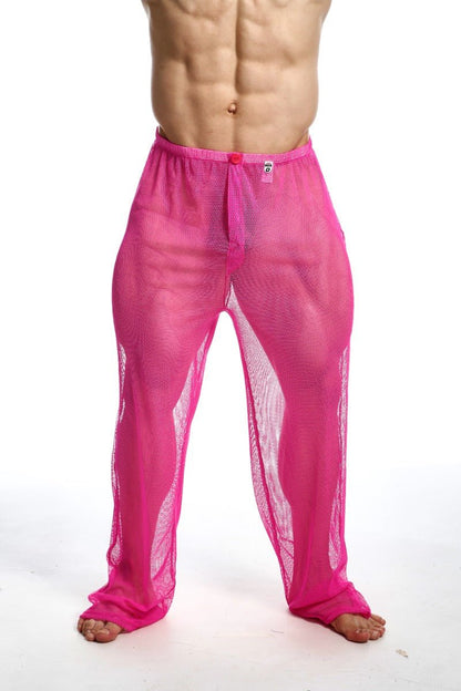 Bright pink mob fishnet pants with snug elastic waistband and red button closure final sale
