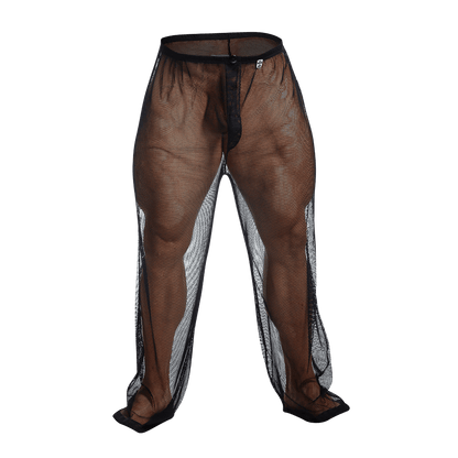 Brown mesh fishnet pants with black elastic waistband and silver reflective side panels final sale mob style