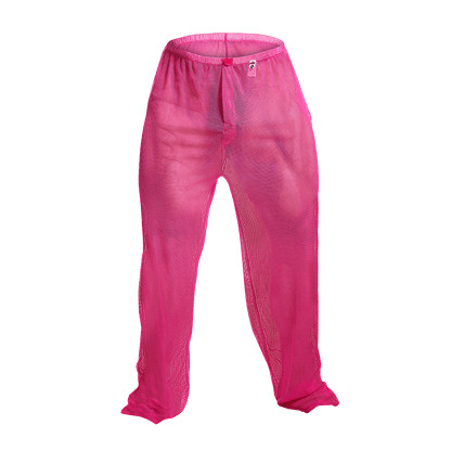 Bright pink mesh fishnet pants with elastic waistband and front tag from mob final sale collection