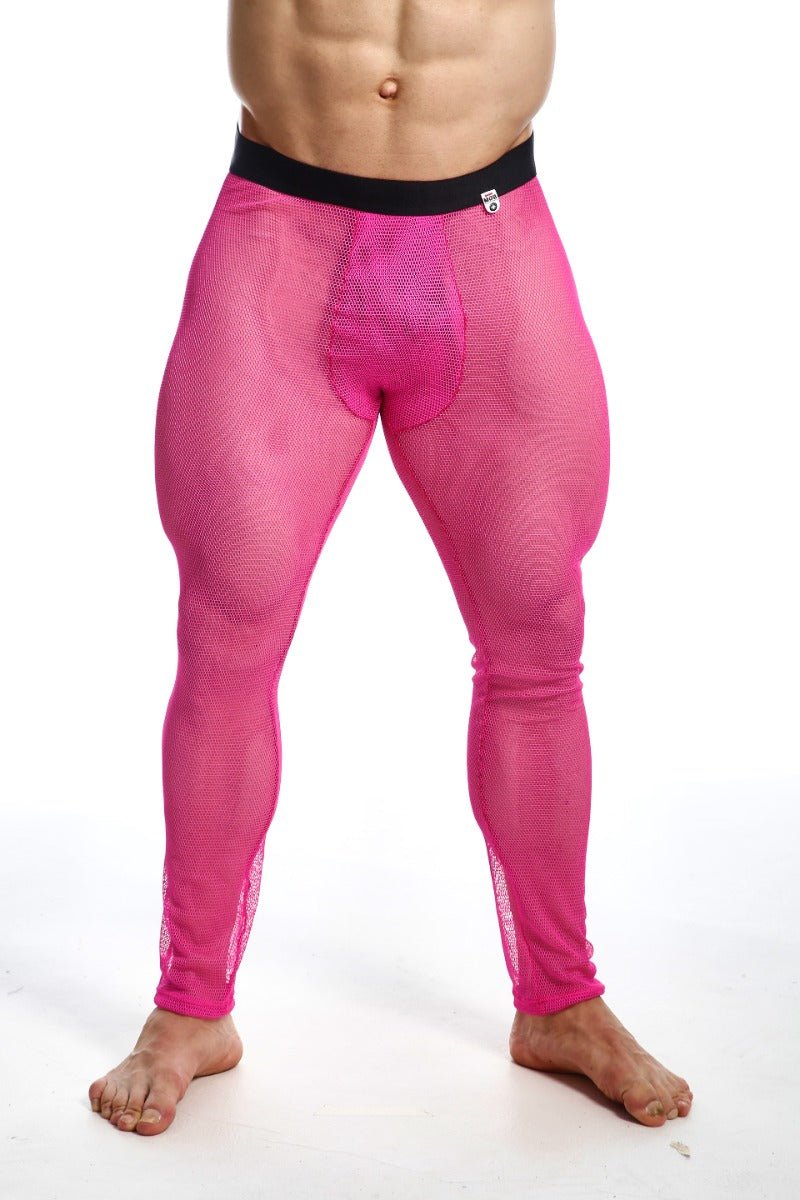 Bright pink mesh leggings with black waistband from mob fishnet tights final sale showing front view