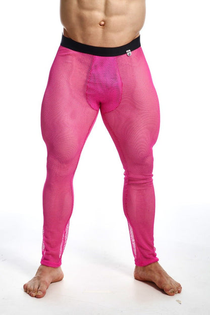 Bright pink mesh leggings with black waistband from mob fishnet tights final sale showing front view