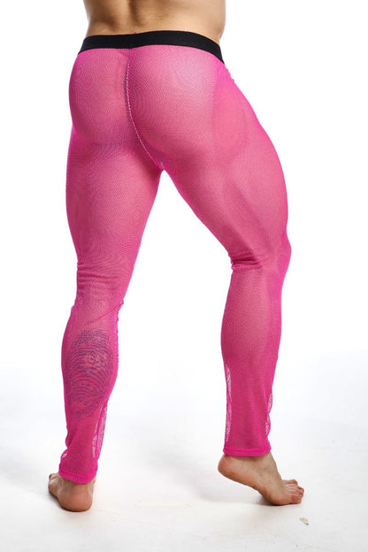 Bright pink mesh fishnet tights with black waistband from mob designed for final sale