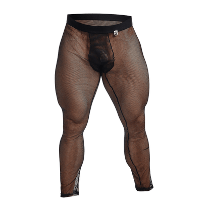 Black mesh men’s underwear with solid black waistband and reinforced leg seams from mob fishnet tights final sale
