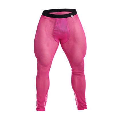 Bright pink fishnet mesh leggings with black waistband from MOB designed for stylish final sale tights