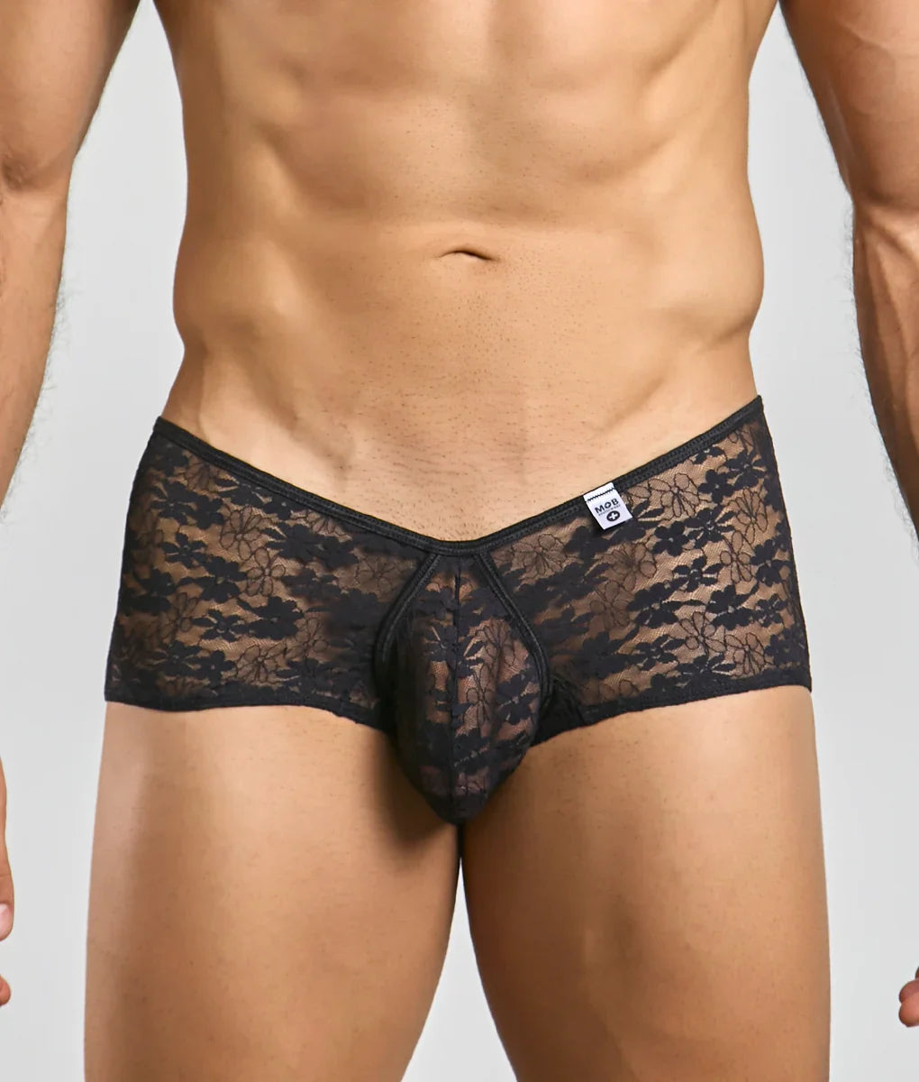 Black lace men’s underwear mob loop cheeky trunk with floral pattern and central pouch design