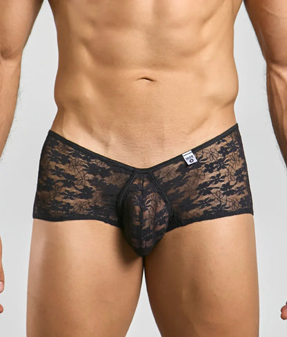 Black lace men’s underwear mob loop cheeky trunk with floral pattern and central pouch design