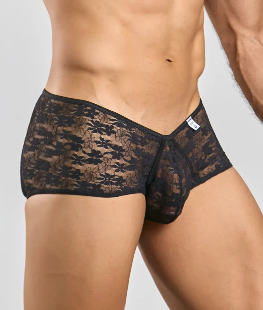 Black lace men’s underwear mob loop cheeky trunk with floral pattern and central front panel design