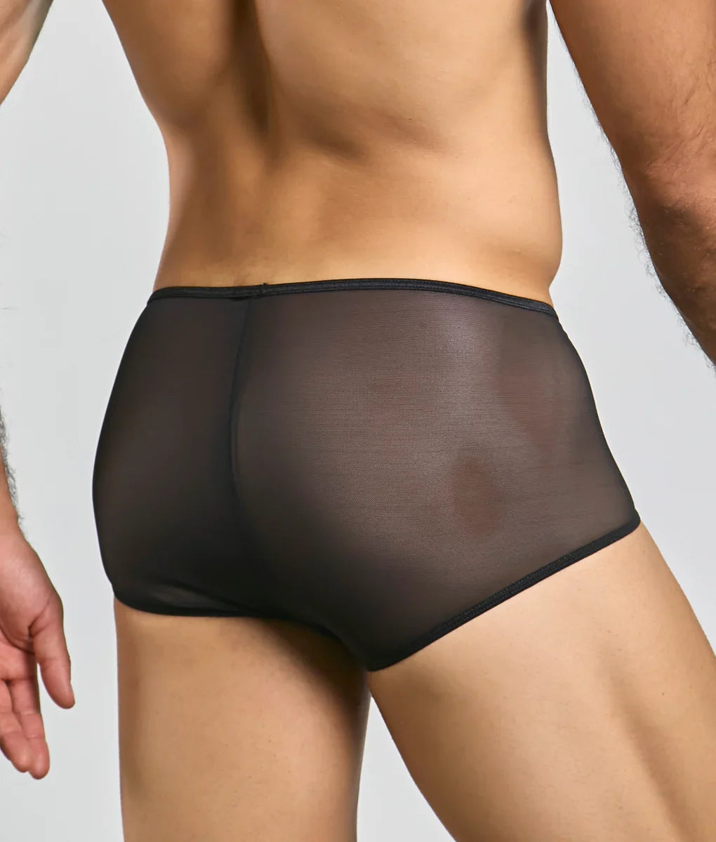 Black sheer mesh briefs mob loop cheeky trunk with smooth form fitting design showing the back side