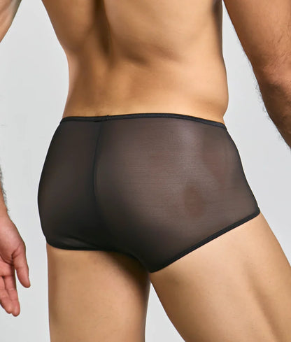 Black sheer mesh briefs mob loop cheeky trunk with smooth form fitting design showing the back side