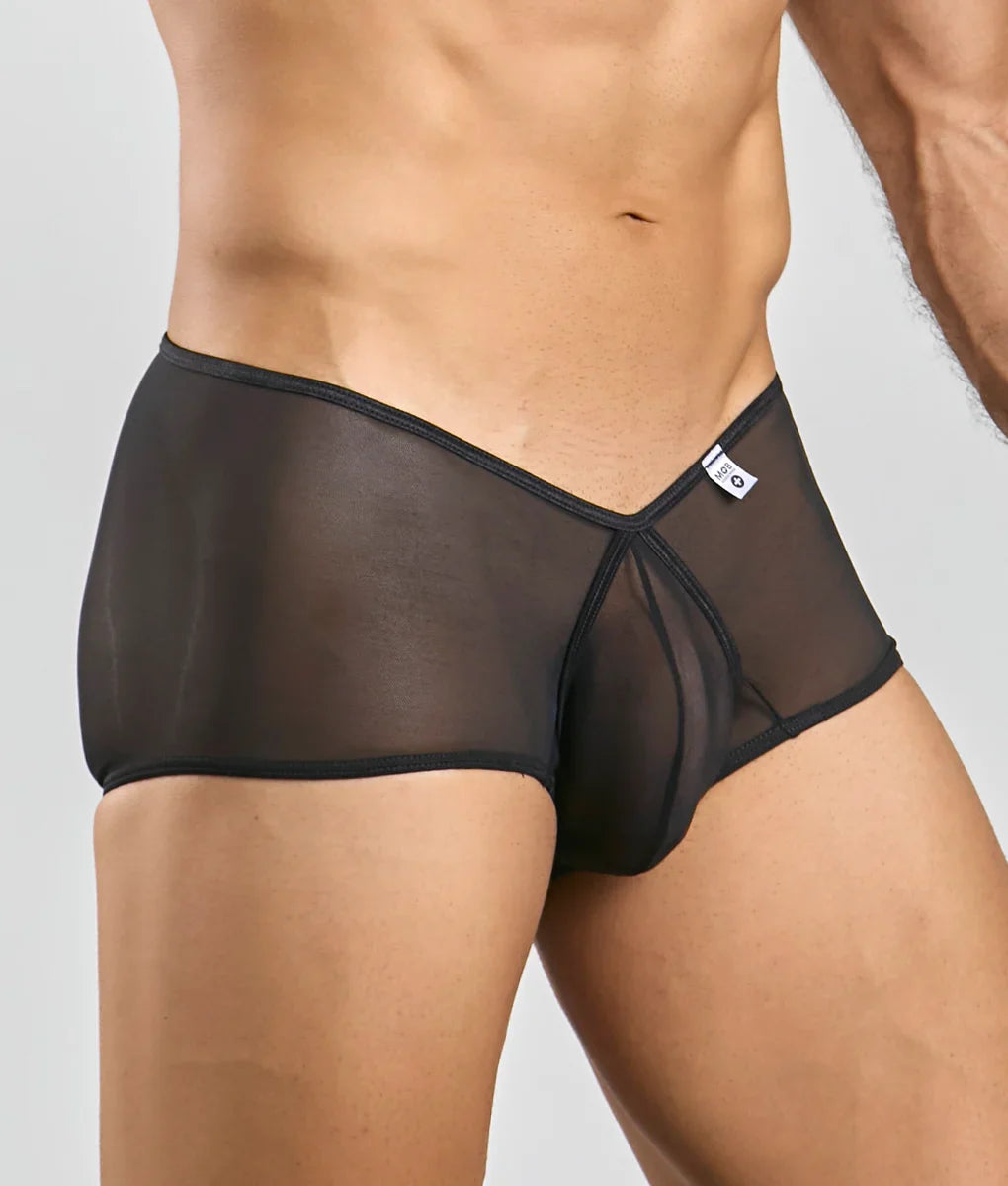 Black sheer mesh briefs mob loop cheeky trunk with sleek form-fitting design and reinforced elastic waistband