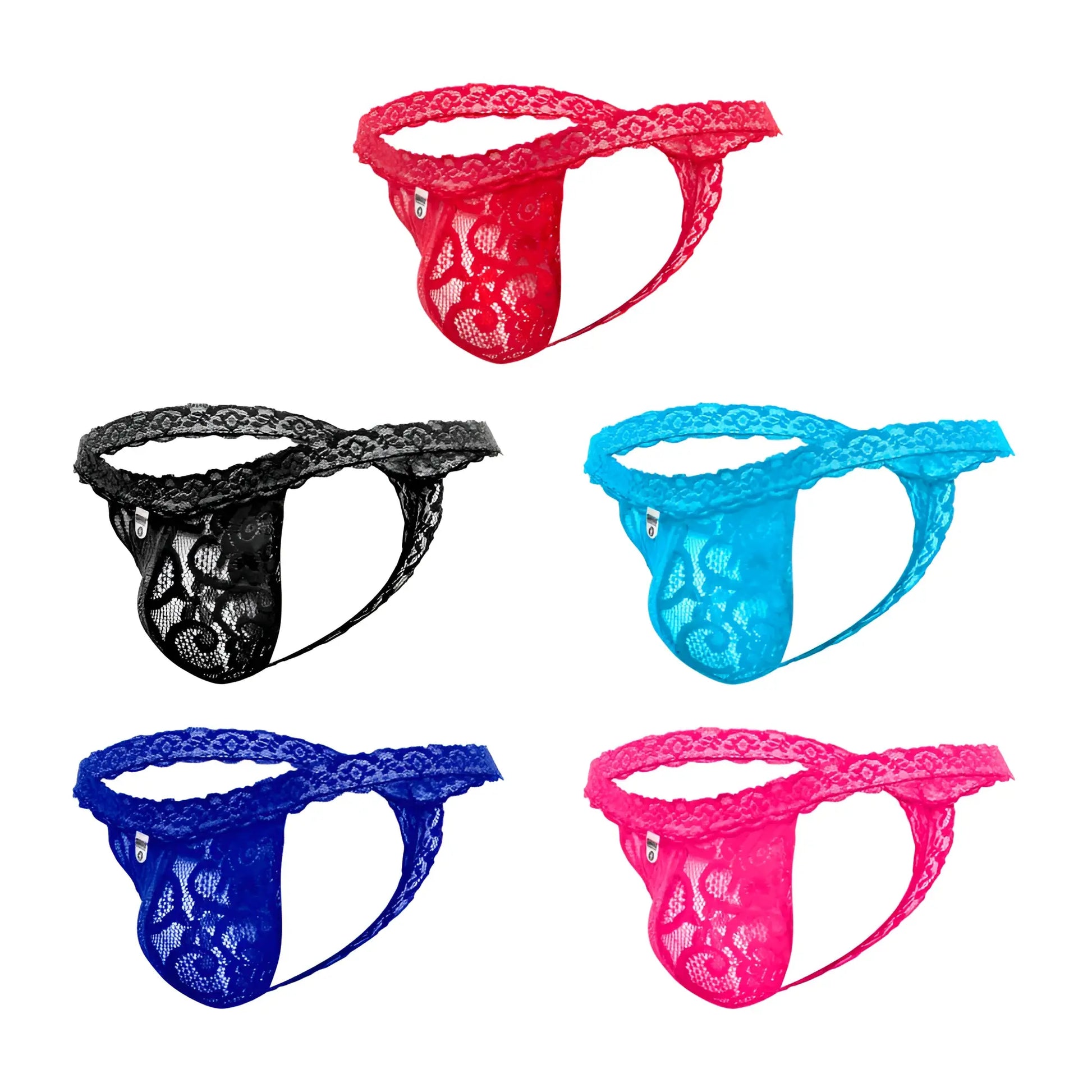 Mob men’s lace waist thong in red with intricate floral pattern and sheer mesh fabric shown from the back side