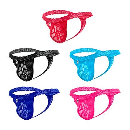 Mob men’s lace waist thong in red with intricate floral pattern and sheer mesh fabric shown from the back side