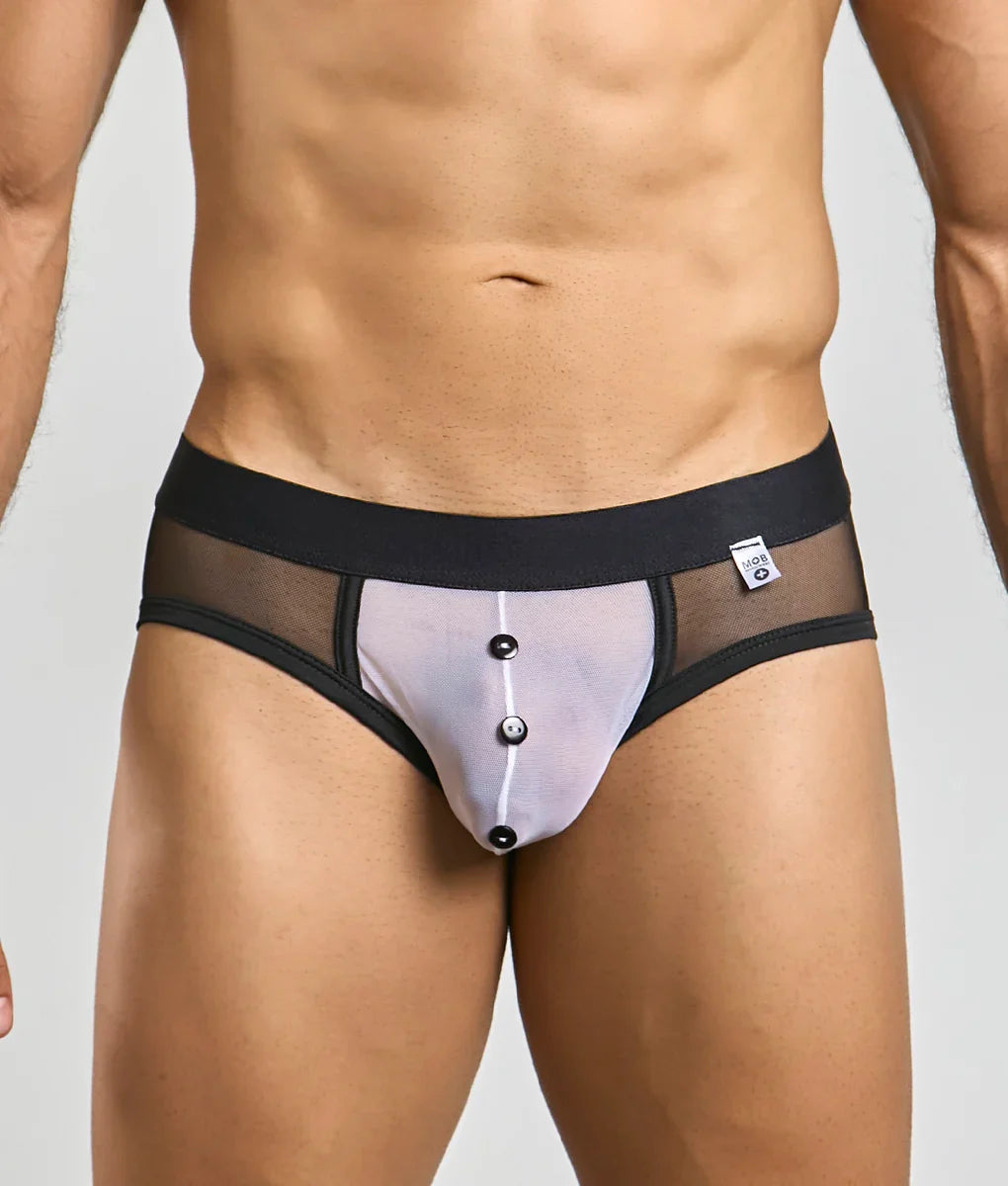 Black and translucent mesh briefs with white front panel and three black buttons for mob maitreD costume