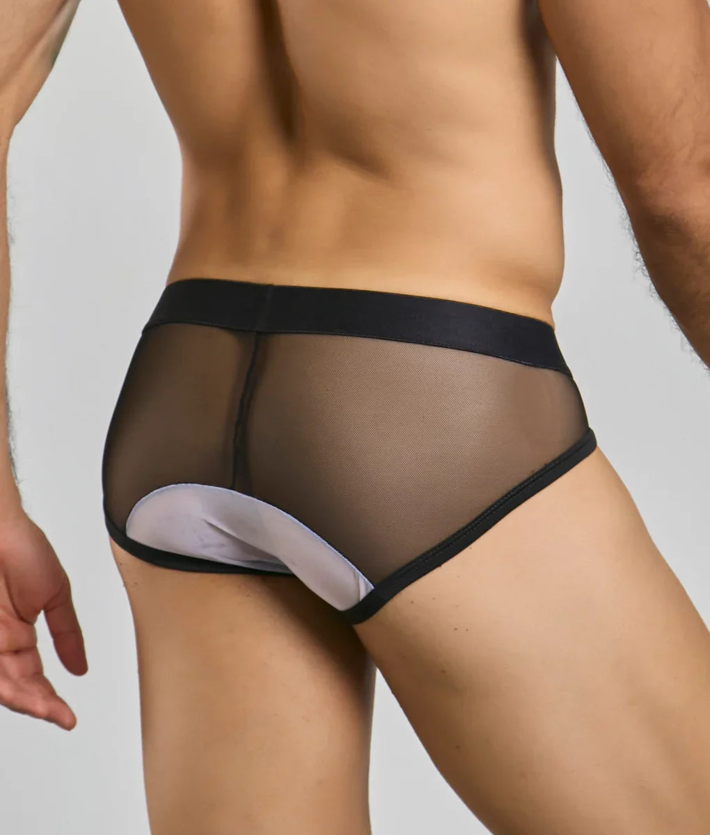 Black mesh briefs with a white padded crotch panel from the mob maitred costume collection
