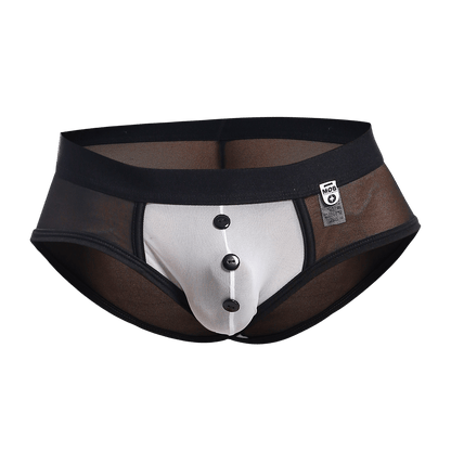 Black and white mesh briefs with button front detail from mob maitreD costume for a stylish look