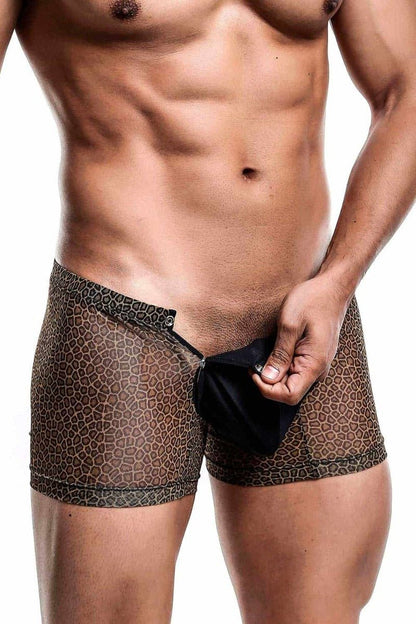 Brown leopard-print mesh boxer briefs with black pouch from mob mens boxer tull pouch print final sale collection