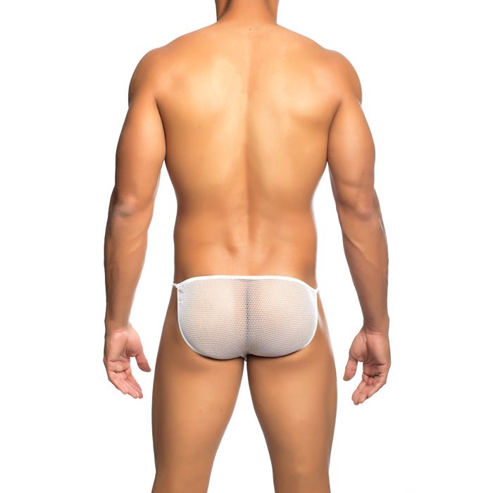 MOB men’s white fishnet bikini briefs made of mesh fabric shown from the back for a final sale product