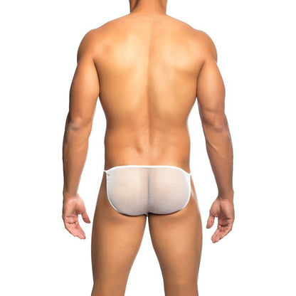 MOB men’s white fishnet bikini briefs made of mesh fabric shown from the back for a final sale product